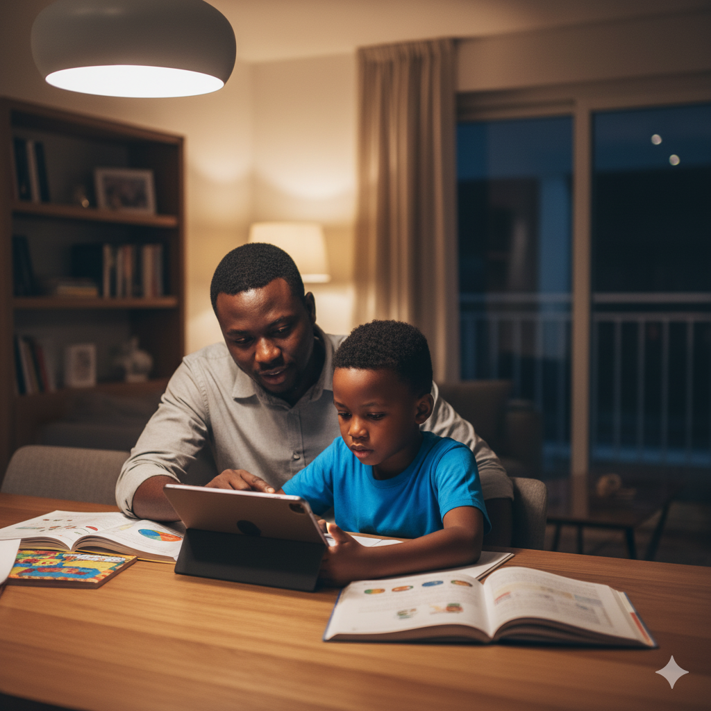 Photorealistic image of a Nigerian parent guiding a child using a tablet for learning, showing balanced and responsible technology use at home.