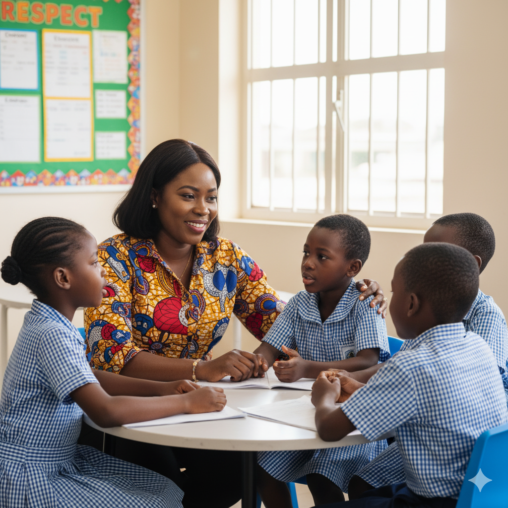 Photorealistic classroom at Verbum Dei Academy where a teacher builds trust and strong relationships with students through care, open communication, and encouragement.