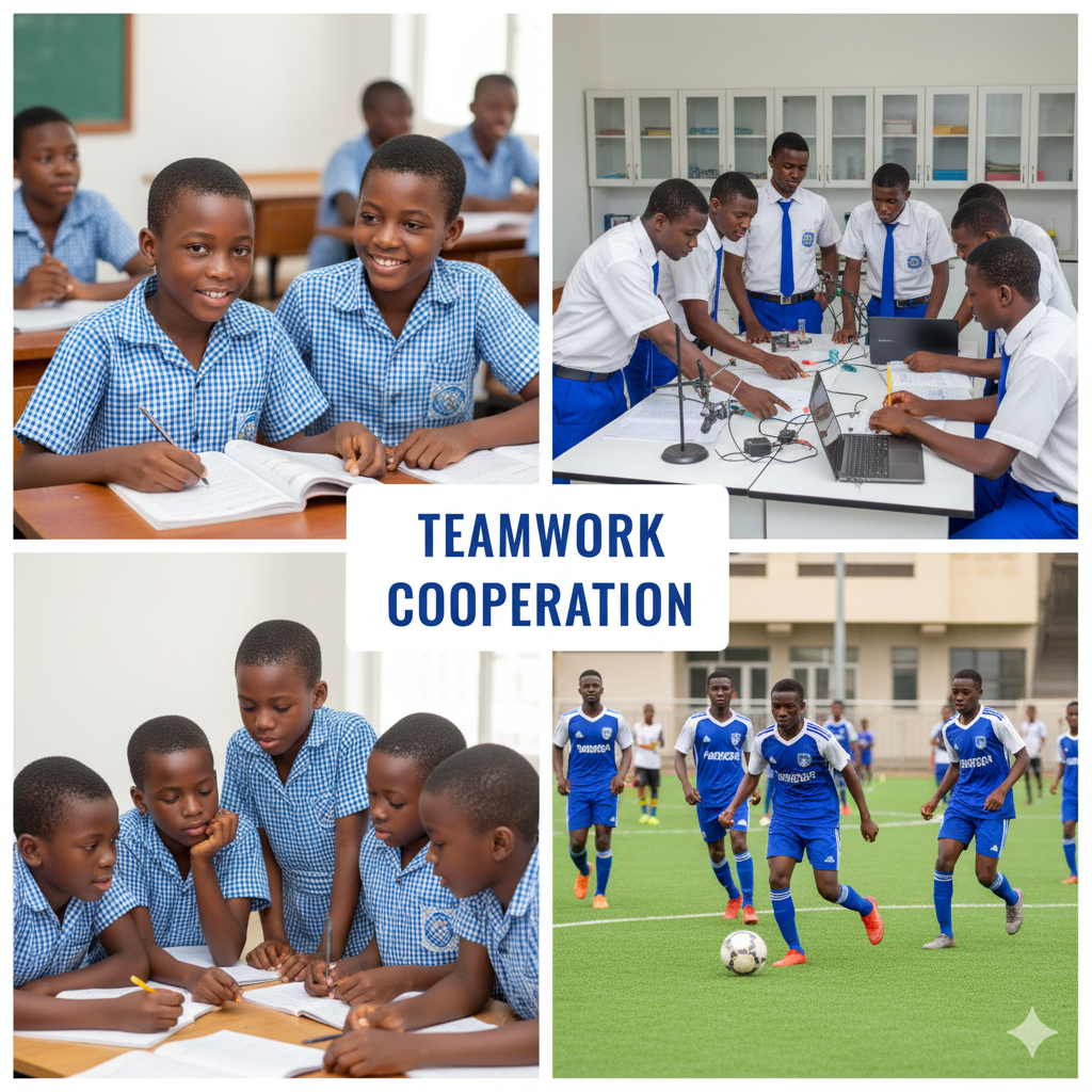 Nigerian pupils and students at Verbum Dei schools working together in classrooms, group projects, and sports, highlighting teamwork, cooperation, and unity in education.