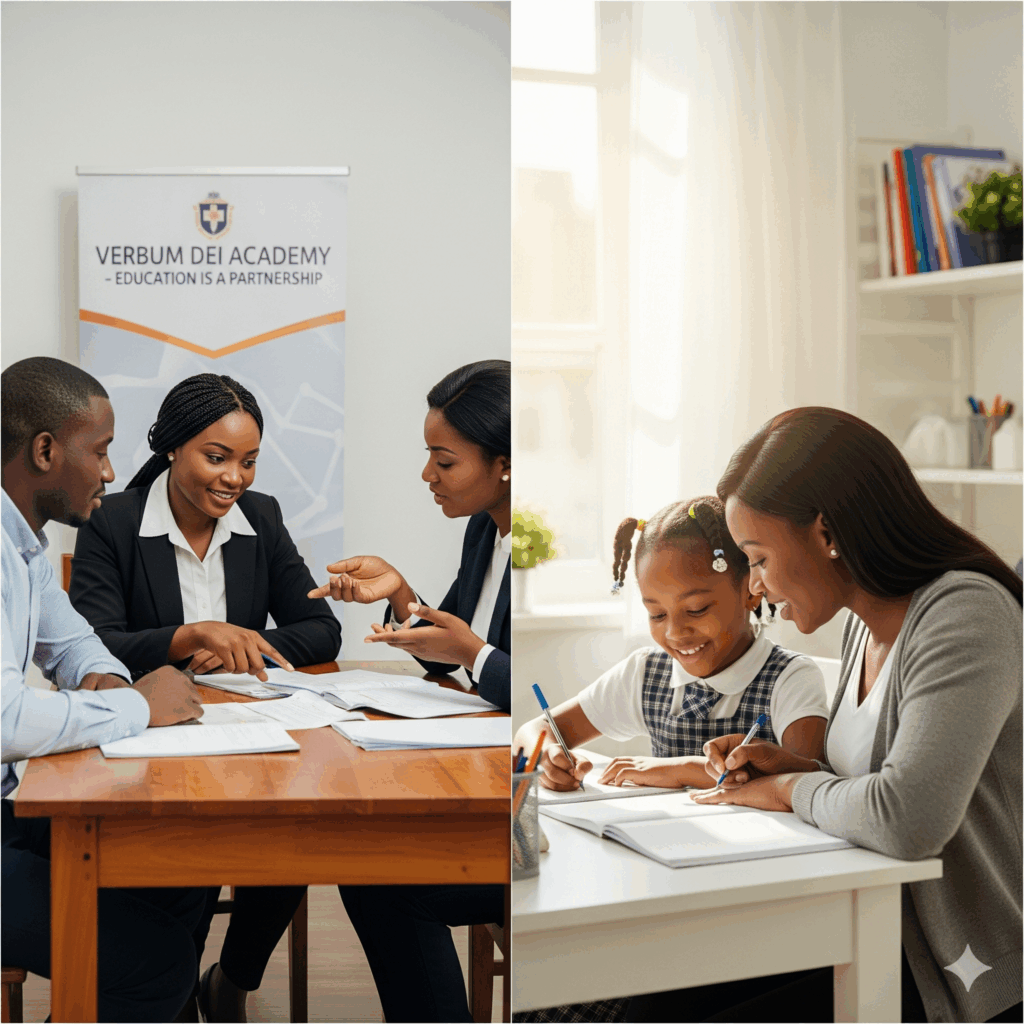 a professional, realistic photo-style image of Nigerian parents and teachers working together at Verbum Dei Academy.