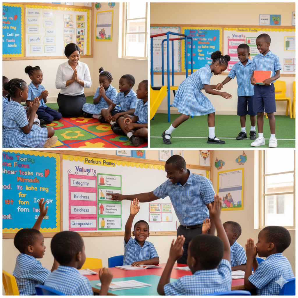 A photorealistic image of Verbum Dei Academy students learning faith and values through prayer, kindness, and teamwork in a nurturing school environment.