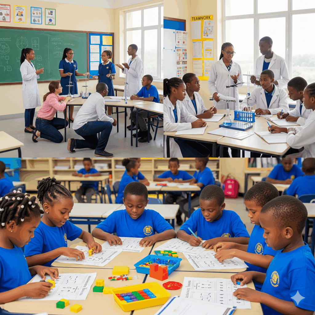 a professional photo of Nigerian students at Verbum Dei Academy and International College engaged in critical thinking activities.