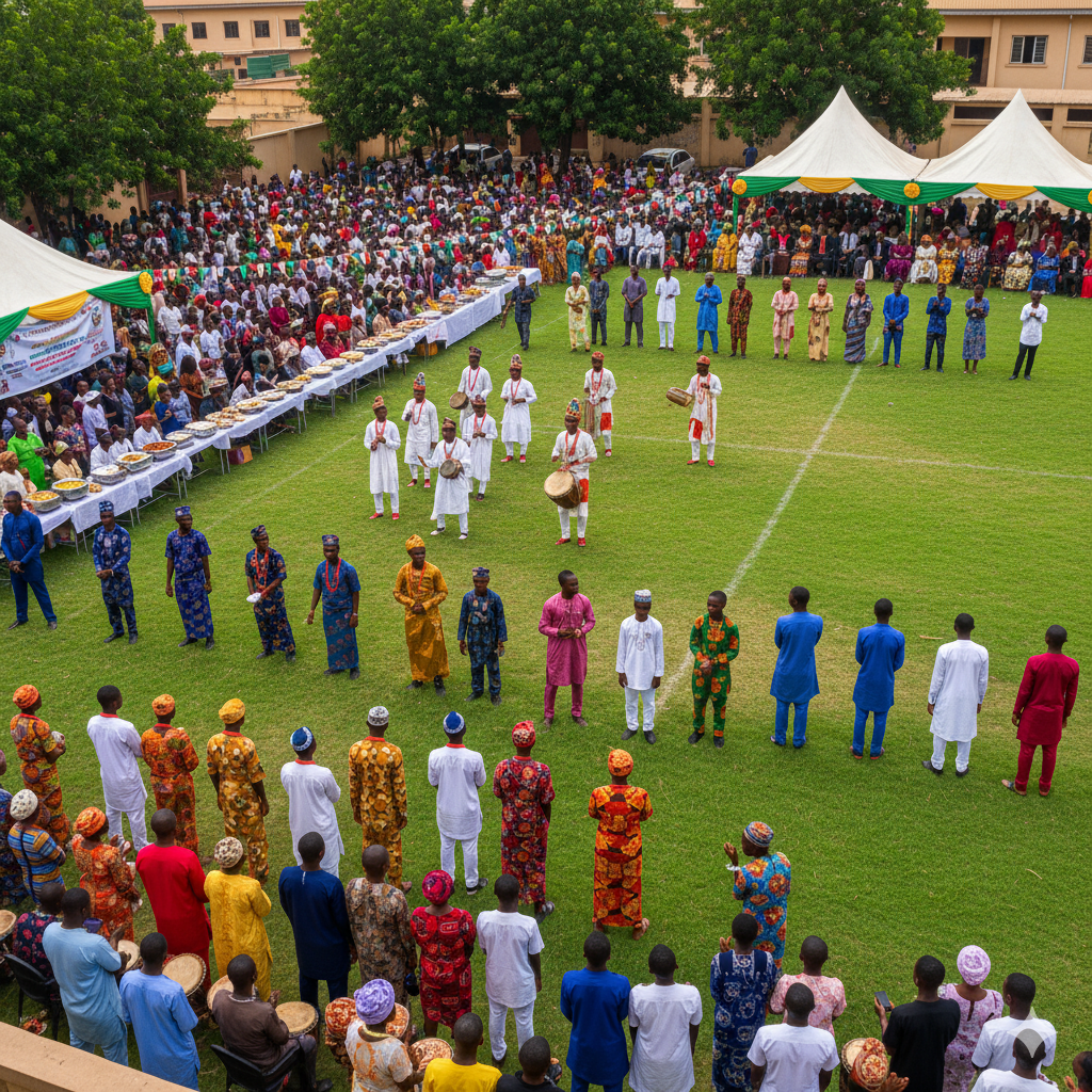 Students of Verbum Dei Academy and Verbum Dei International College in traditional Nigerian attire during Cultural Day, showcasing dances, food exhibitions, and heritage displays.