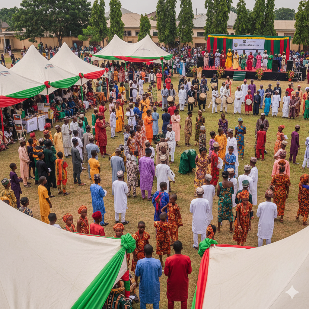 Photorealistic image of Verbum Dei Cultural Day, with students in colorful Nigerian and international traditional attires, dancing, showcasing food stalls, and celebrating diversity with parents and teachers.