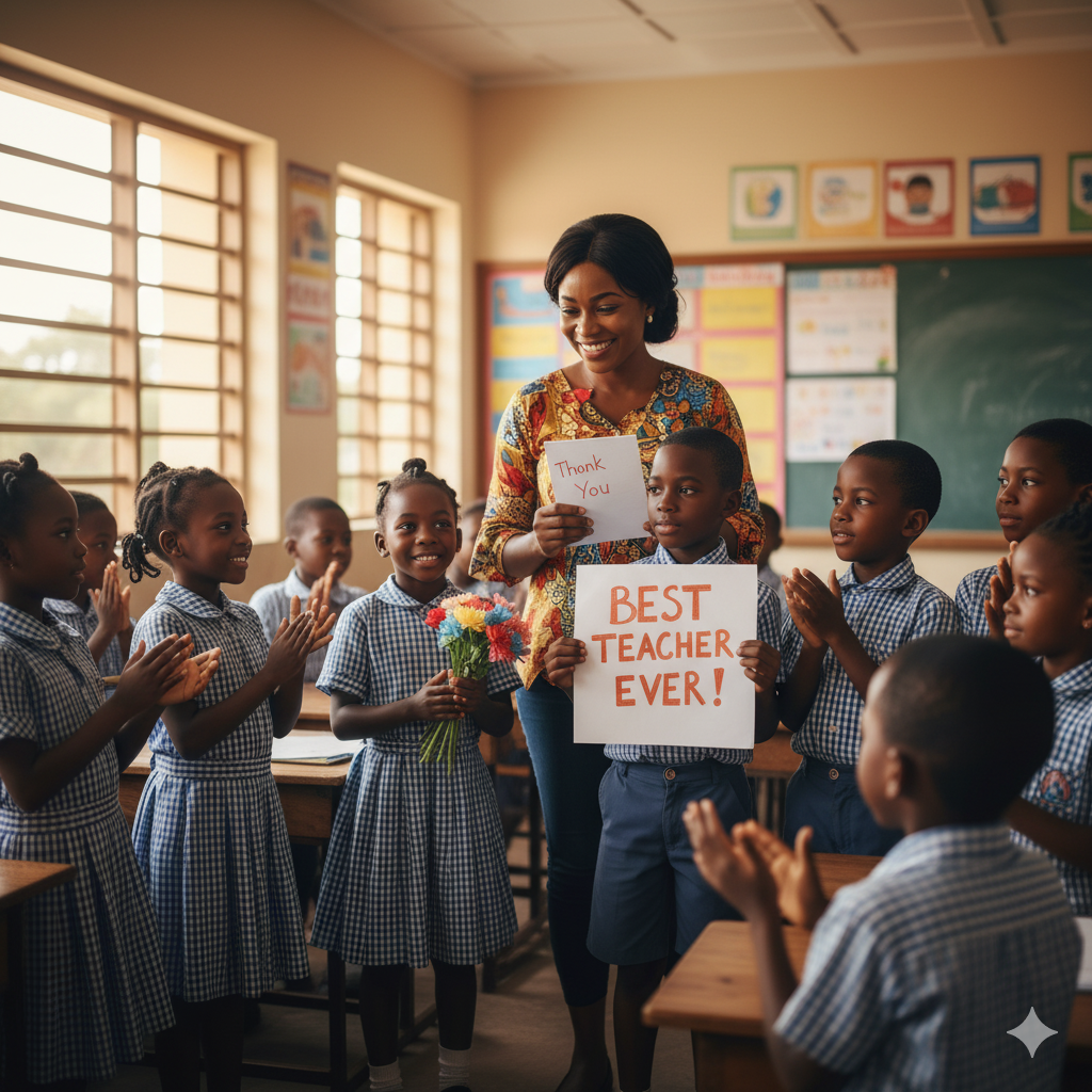 Students at Verbum Dei Academy expressing gratitude to their teacher in a bright classroom setting, symbolizing appreciation and positivity in education.