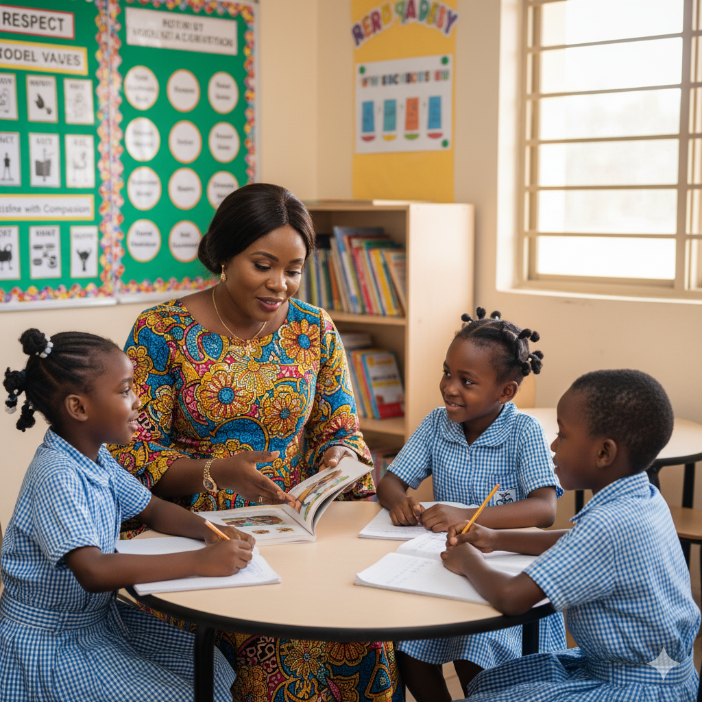 Photorealistic image of a Verbum Dei teacher guiding students in academics and values, highlighting integrity, respect, and character building.