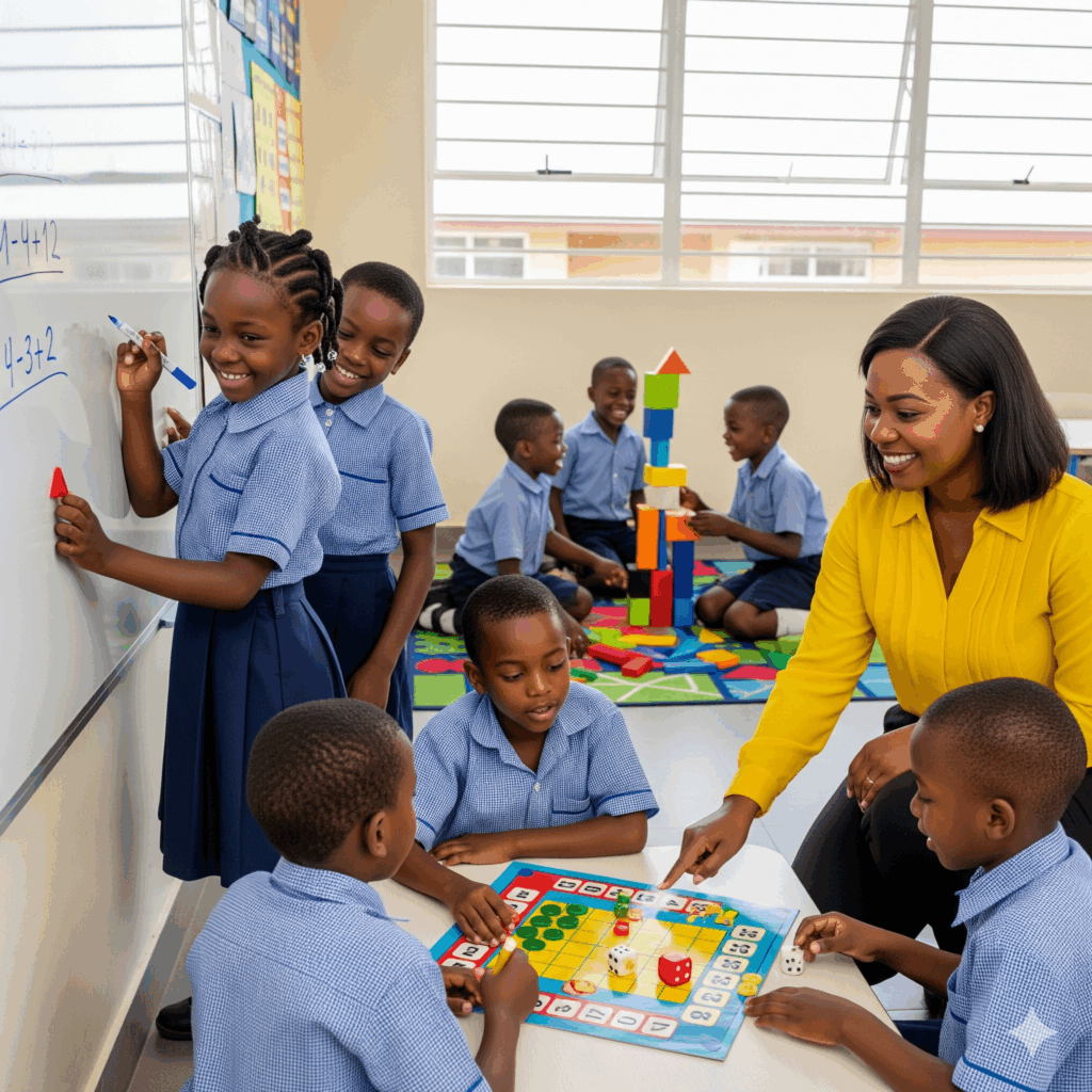 a professional photo of Nigerian primary school children at Verbum Dei Academy happily engaging in fun mathematics activities.