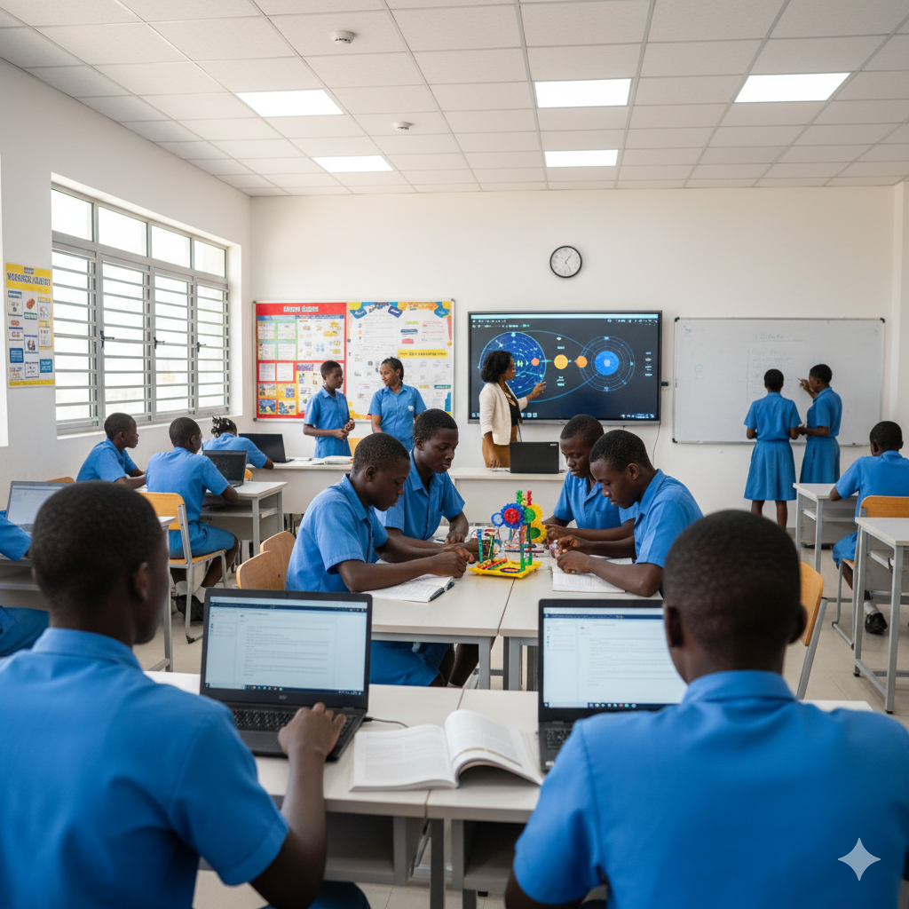 Photorealistic image of Verbum Dei teachers using technology, group discussions, and hands-on projects to create an innovative classroom learning experience.