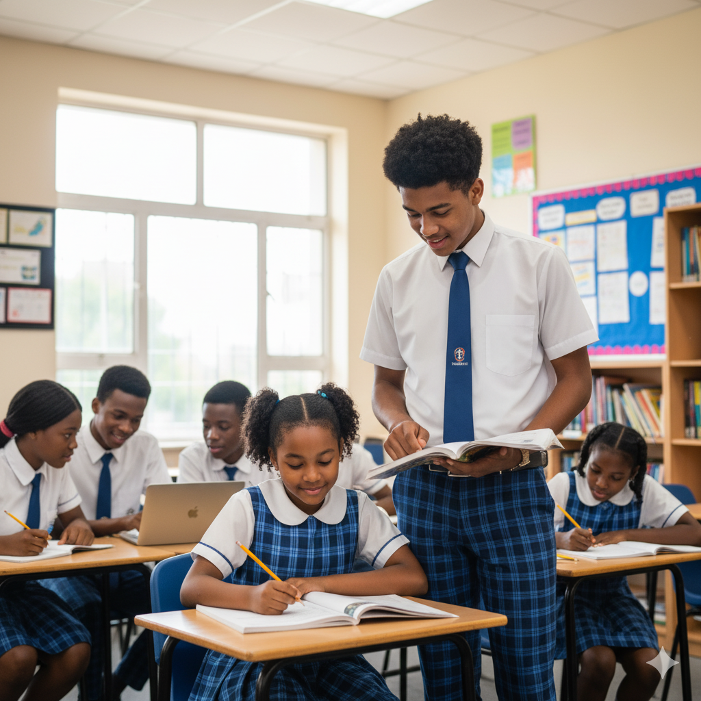 Senior student mentoring junior at Verbum Dei International College through academic and social guidance.