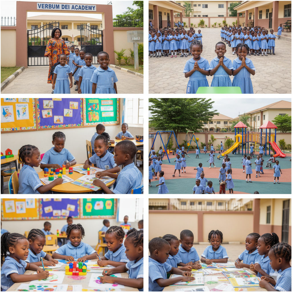Pupils at Verbum Dei Academy experiencing a typical school day filled with learning, play, creativity, and character formation.