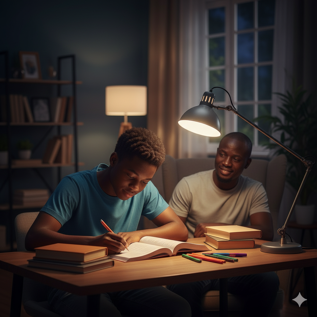 Photorealistic image of a Nigerian student studying at a tidy desk with parental support, symbolizing effective study habits for academic success.