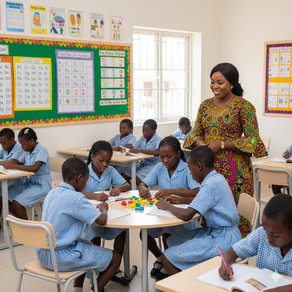 Photorealistic classroom at Verbum Dei Academy where a teacher manages diverse students with calmness, positive reinforcement, and inclusive teaching strategies.