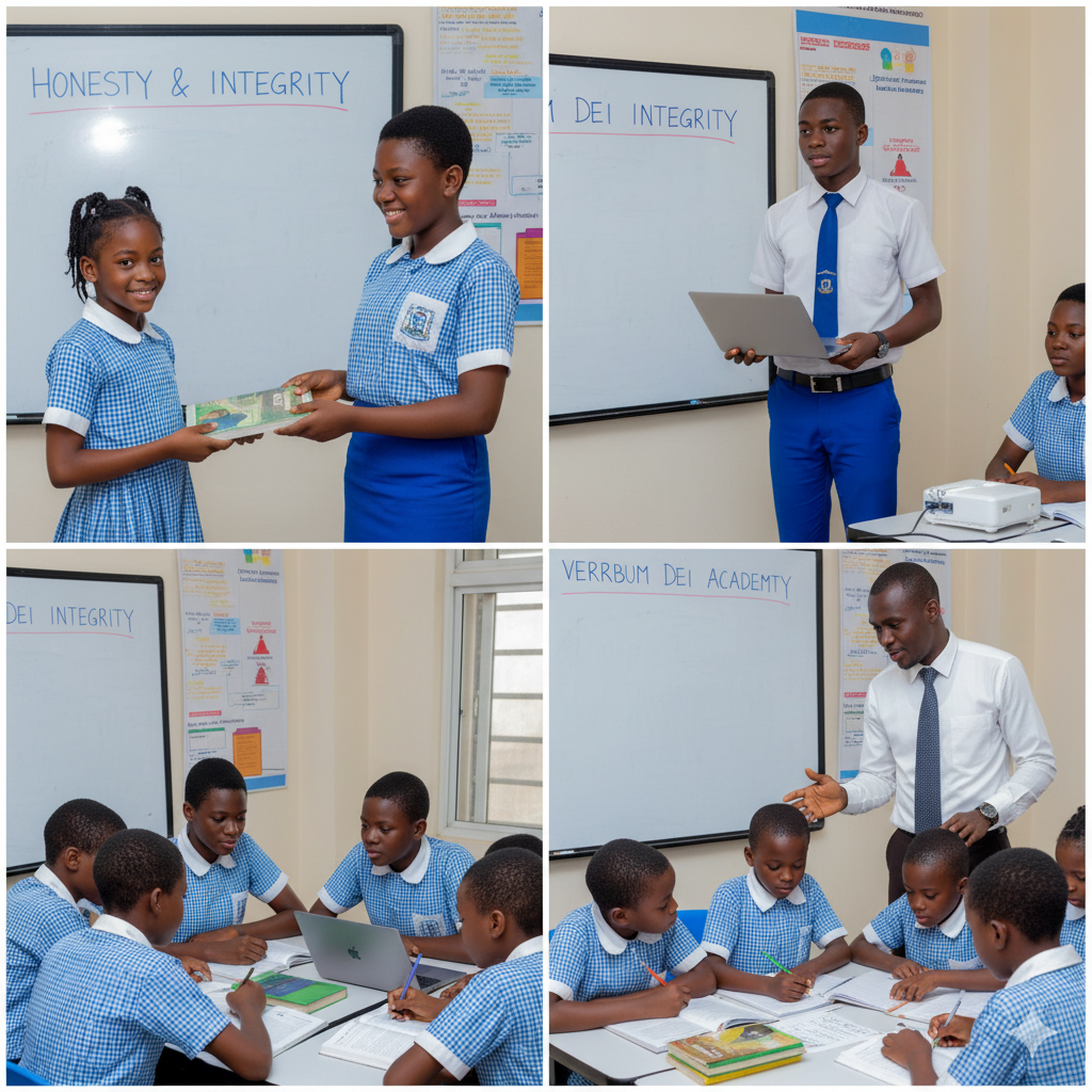 Nigerian students at Verbum Dei schools demonstrating integrity, responsibility, and excellence through teamwork, honesty, and academic diligence in a modern classroom setting.