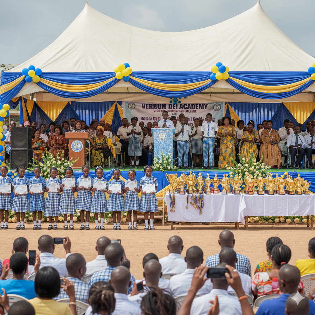 Photorealistic image of Speech and Prize-Giving Day at Verbum Dei Schools, showing nursery and primary pupils receiving awards, secondary students performing speeches and cultural dances, teachers and parents applauding, and festive decorations with banners and balloons.