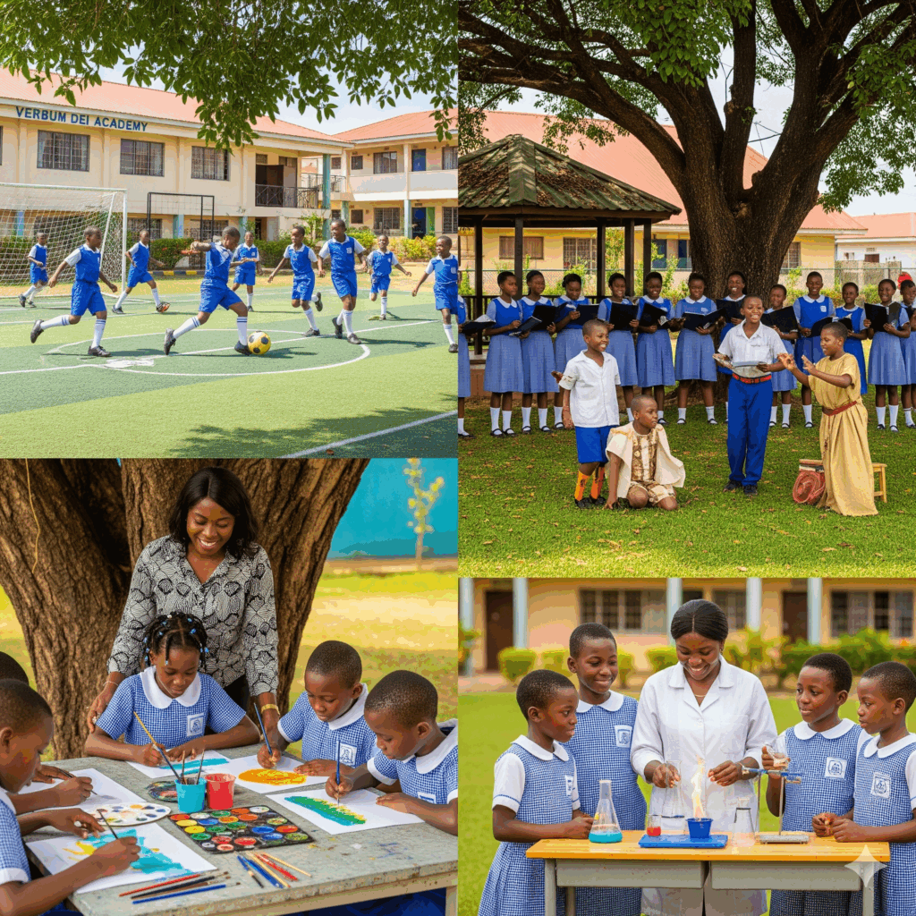 Pupils at Verbum Dei Academy, Owerri, participating in extracurricular activities including sports, arts, music, drama, and science, guided by teachers in a vibrant school environment.