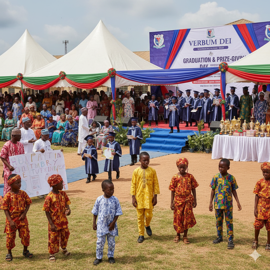 Photorealistic image of Verbum Dei Graduation and Prize-Giving Day with students in gowns receiving awards, cultural performances, and parents applauding proudly.