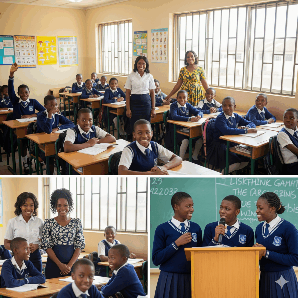 Students at Verbum Dei Academy and Verbum Dei International College in Owerri confidently participating in class with teacher encouragement, symbolizing confidence and self-esteem.