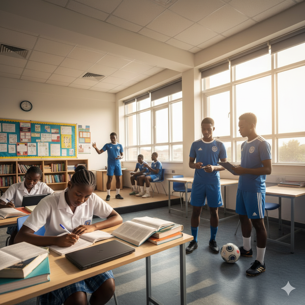 Students at Verbum Dei International College balancing academics with extracurricular activities like football and drama practice.