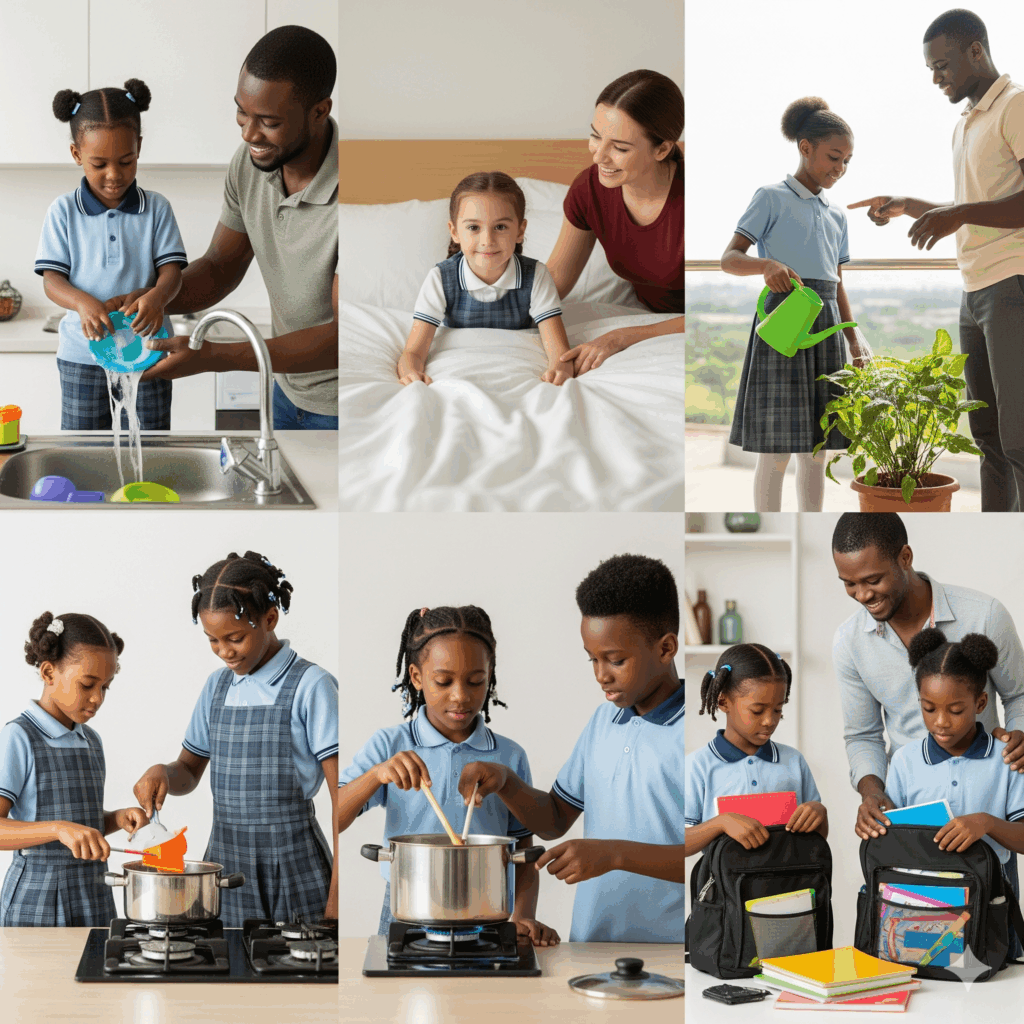 Students from Verbum Dei Academy and Verbum Dei International College, Owerri, Nigeria, learning responsibility by helping with age-appropriate chores at home with parental guidance.