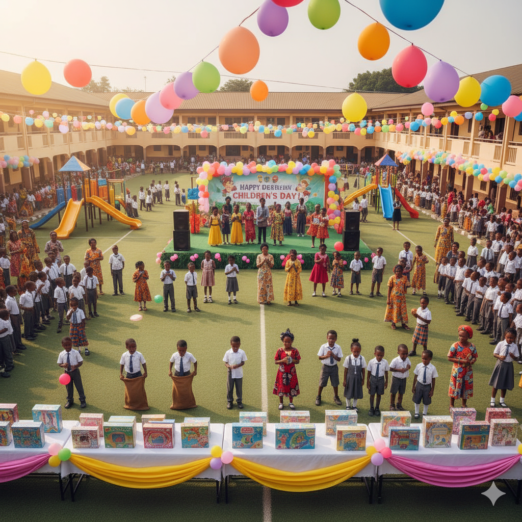 Photorealistic image of Children’s Day at Verbum Dei Academy with pupils playing games, performing on stage, receiving gifts, and celebrating joyfully with teachers and parents.
