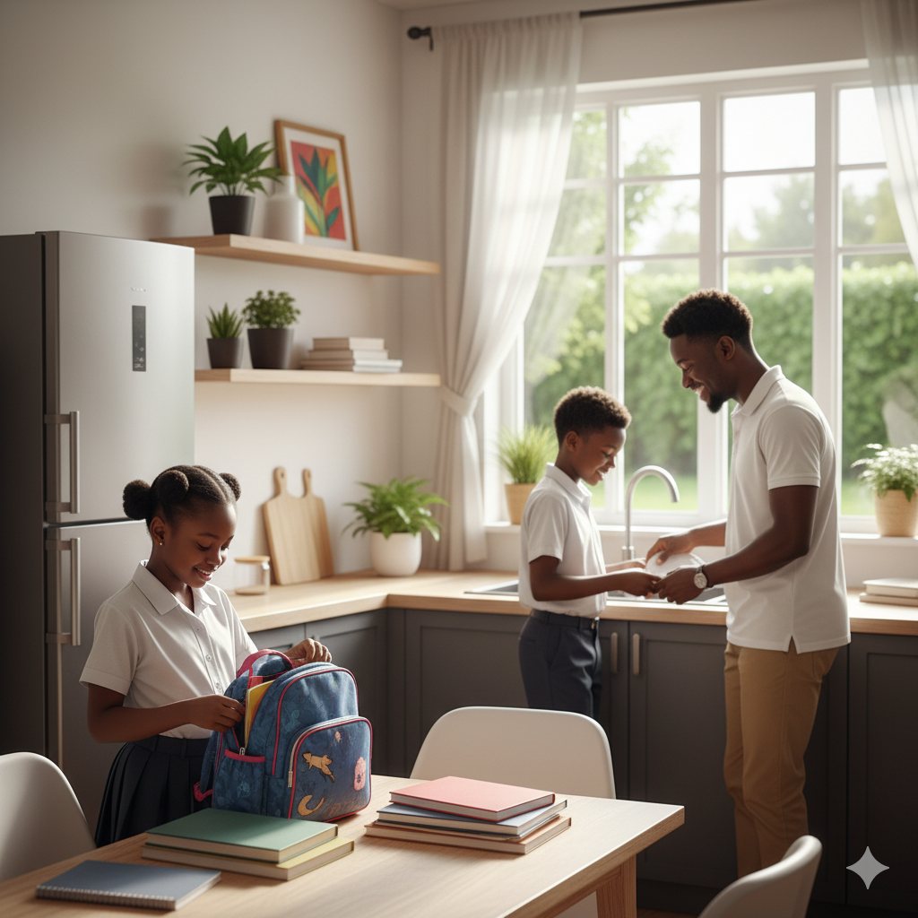 A photorealistic image of parents teaching their children respect and responsibility at home, supported by school values.