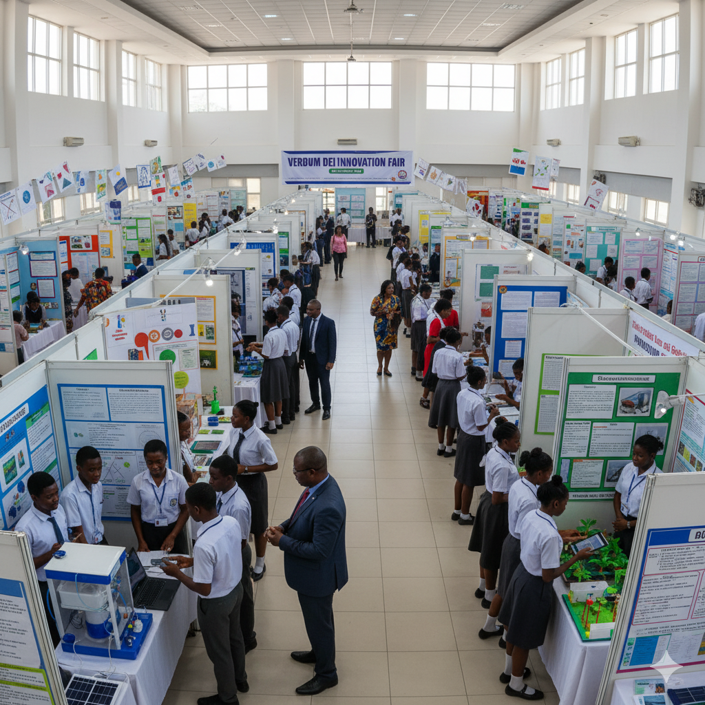 Photorealistic image of Verbum Dei International College students presenting science and innovation projects such as solar-powered devices and eco-friendly models during their annual school fair.