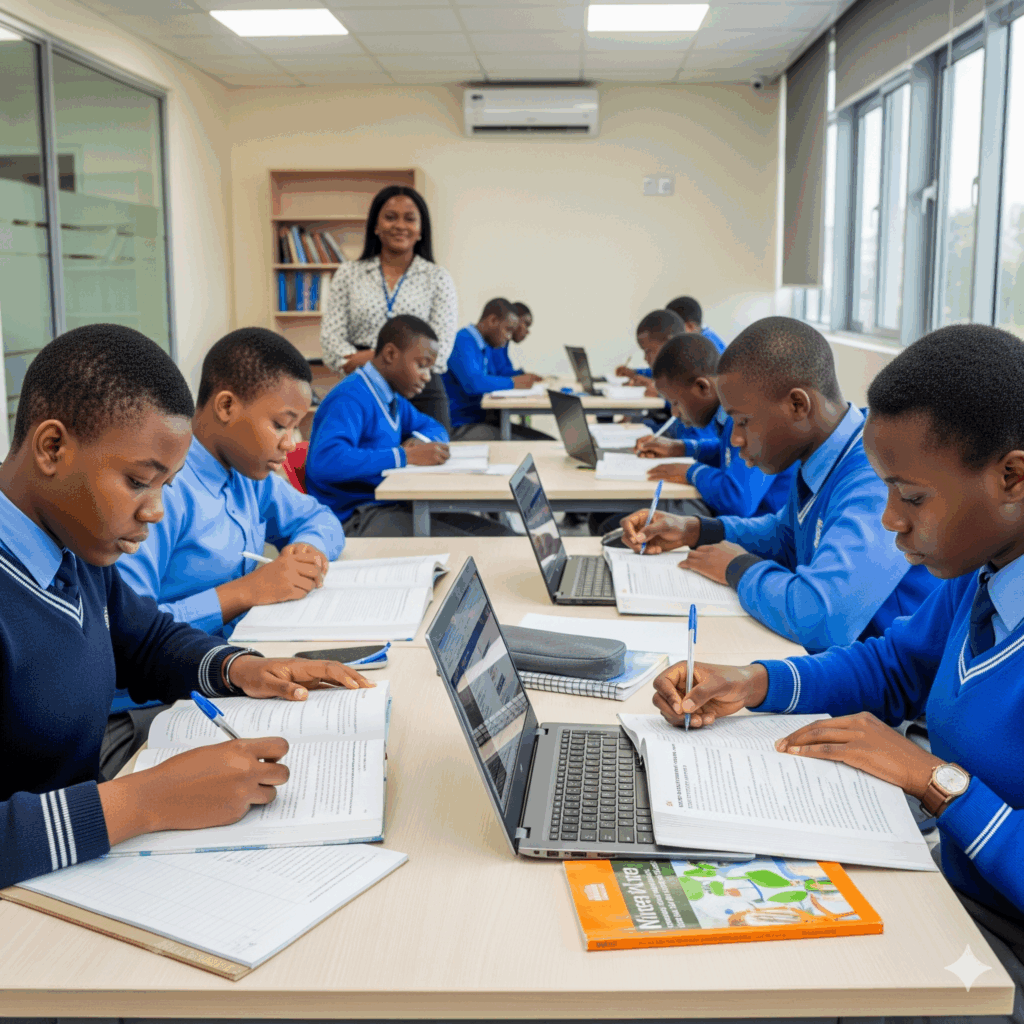 a professional photo of Nigerian secondary school students at Verbum Dei International College studying independently.