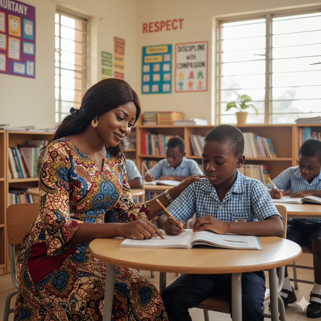 Photorealistic classroom scene of a Verbum Dei teacher balancing discipline with care, guiding a student with empathy and responsibility.