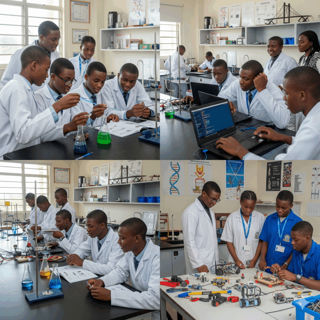 Students of Verbum Dei International College, Owerri, Nigeria, exploring STEM through experiments, coding, and robotics in a modern, innovative learning environment.
