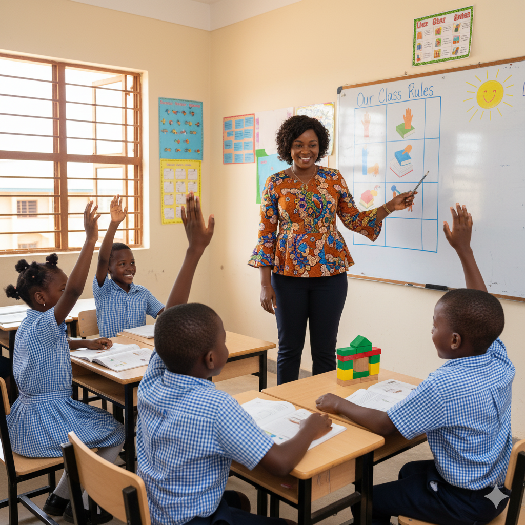 A photorealistic image of Verbum Dei Academy pupils learning discipline through encouragement, respect, and teamwork in a supportive classroom setting.