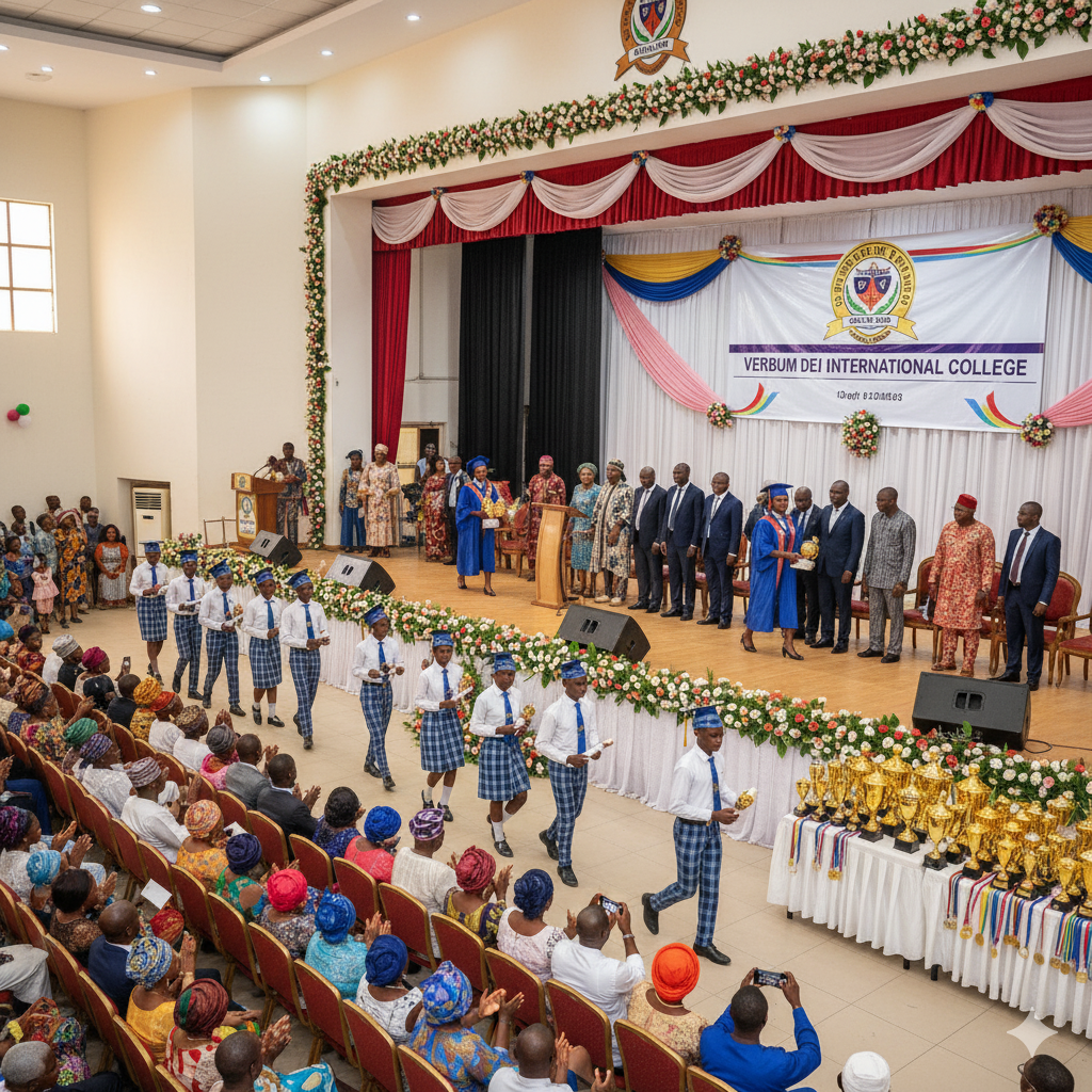 Photorealistic image of Verbum Dei International College Speech and Prize-Giving Day with students receiving awards, parents cheering, and teachers applauding in a decorated school auditorium.