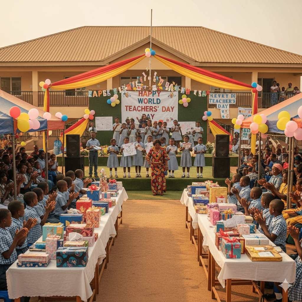 Photorealistic image of World Teachers’ Day at Verbum Dei Schools, with students performing on stage, teachers receiving handmade cards and gifts, parents applauding, and a decorated school assembly celebrating educators.