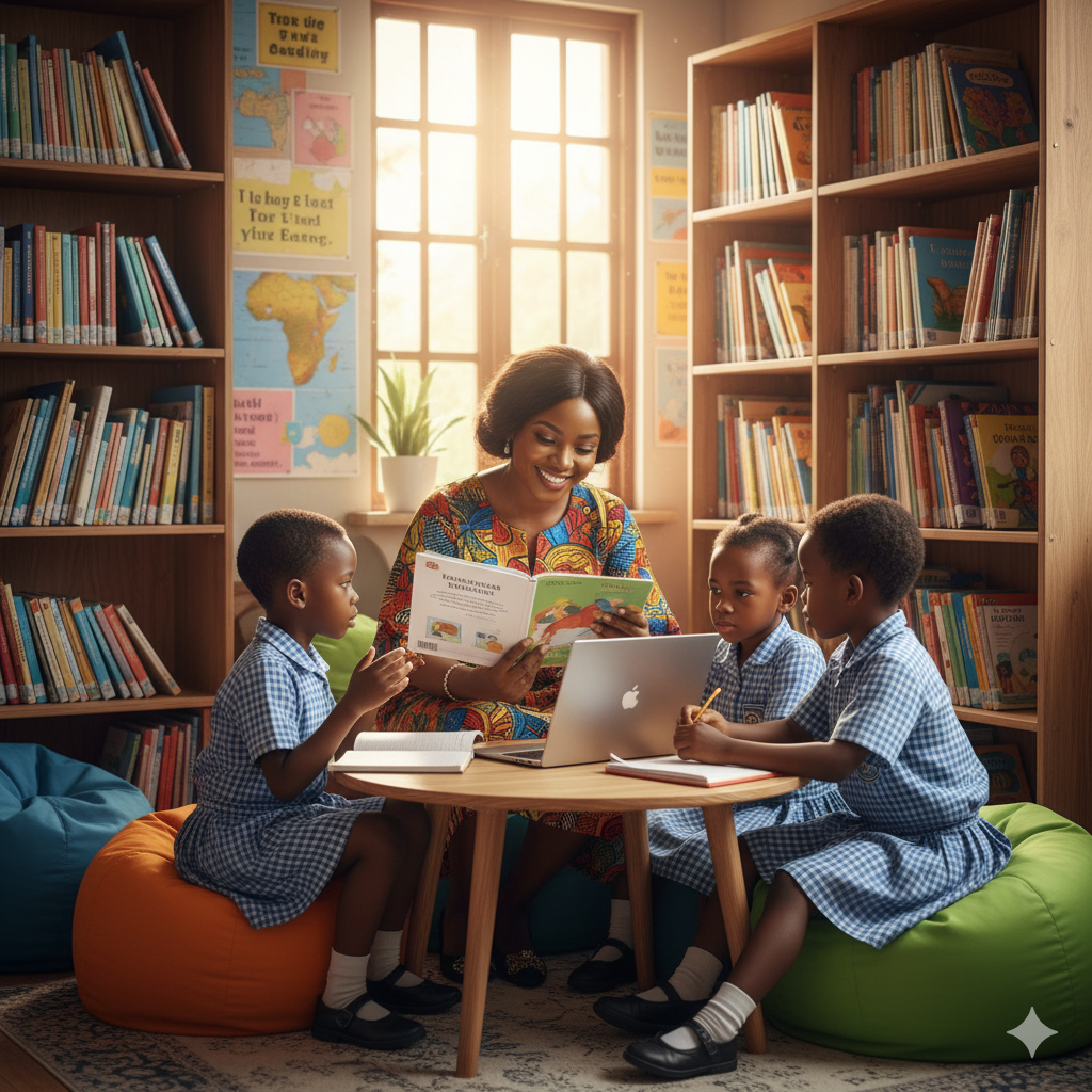 Photorealistic classroom scene at Verbum Dei Academy where a teacher inspires students with books and technology, promoting lifelong learning.