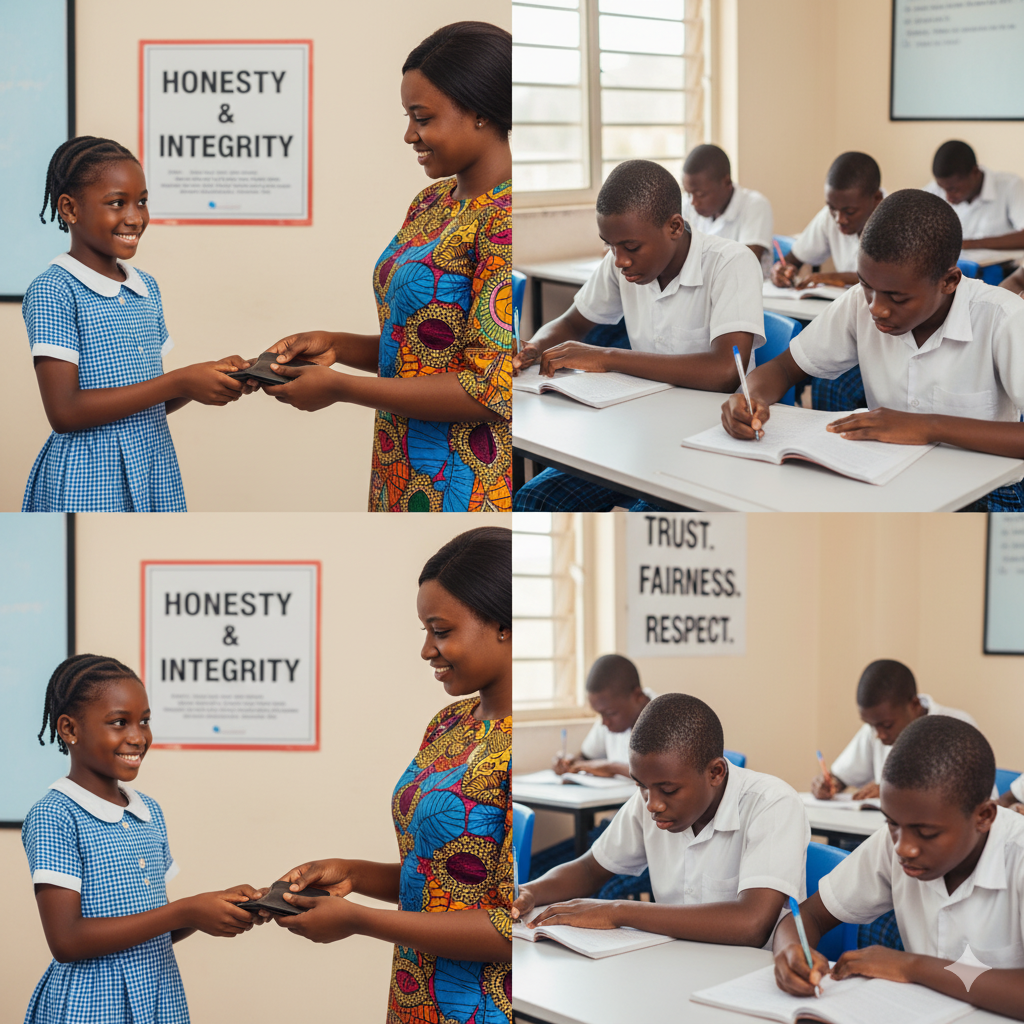 Nigerian students at Verbum Dei schools showing honesty and integrity by returning lost items and working diligently, reflecting strong moral values and character education.