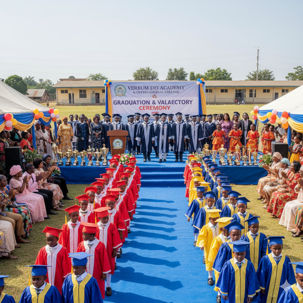 Photorealistic image of Graduation and Valedictory Ceremonies at Verbum Dei Schools, featuring nursery and primary pupils in colorful gowns, secondary graduates in academic robes, teachers and parents applauding, award presentations, cultural dances, and festive decorations