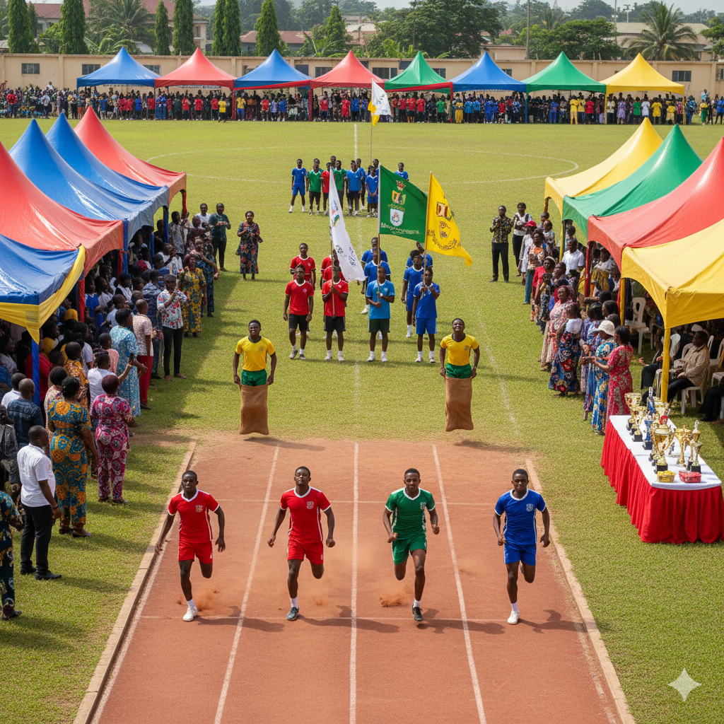 Photorealistic image of Inter-House Sports at Verbum Dei International College with students in colorful uniforms competing in races, parents cheering, and teachers guiding the event.