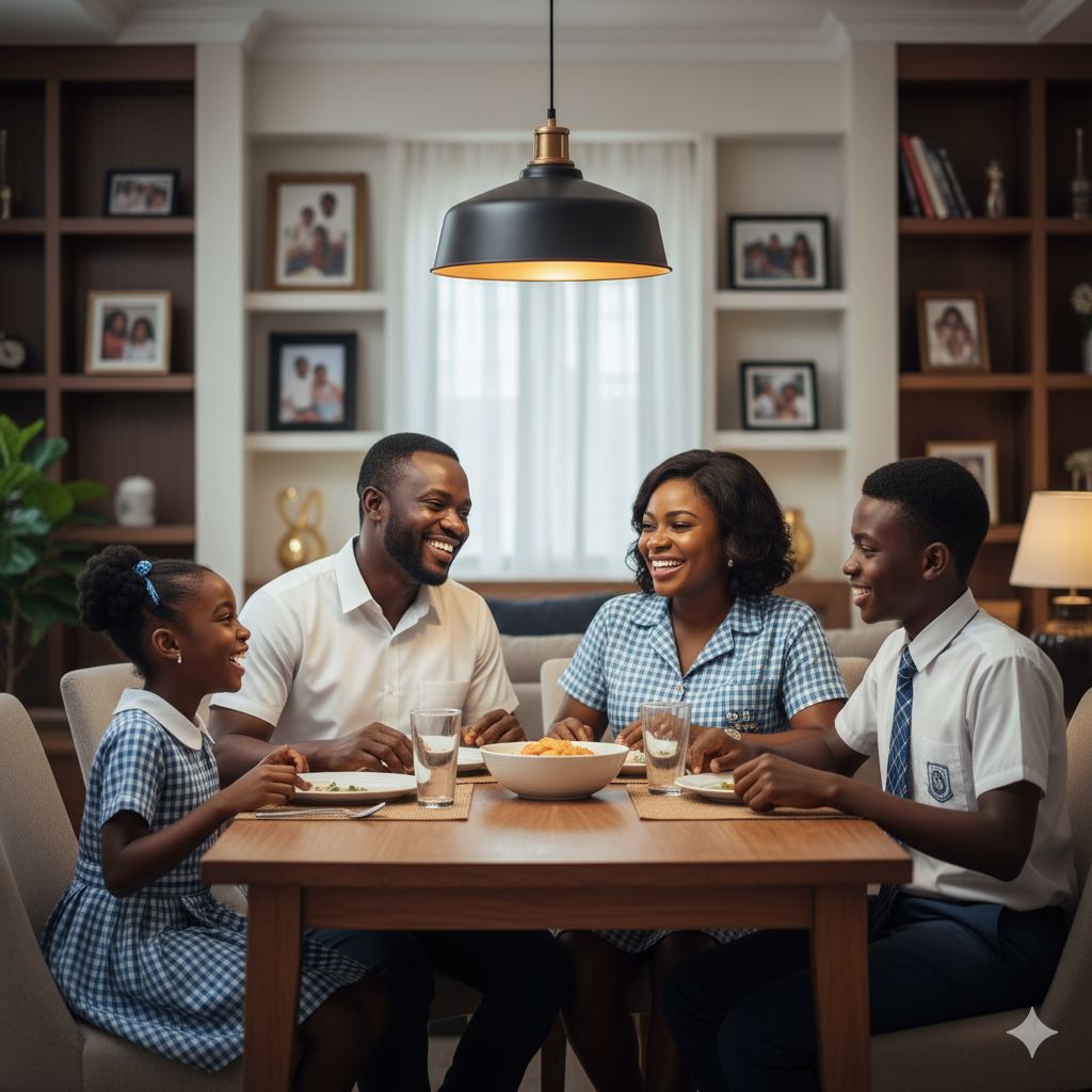 A photorealistic image of a Nigerian family bonding at home, with children in school uniforms and parents engaging in warm conversation, symbolizing the importance of family connections in education.