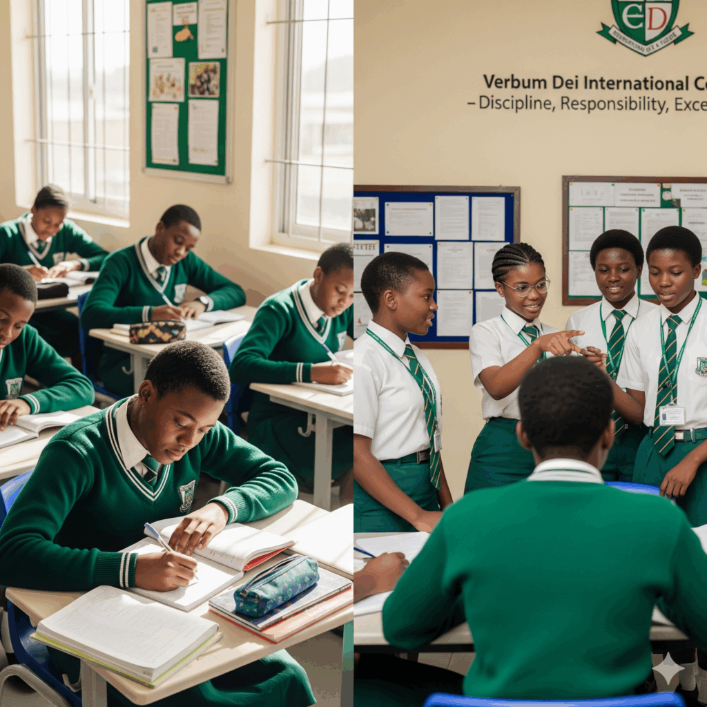 a professional, realistic photo of Nigerian students at Verbum Dei International College, showcasing both academic focus and leadership.