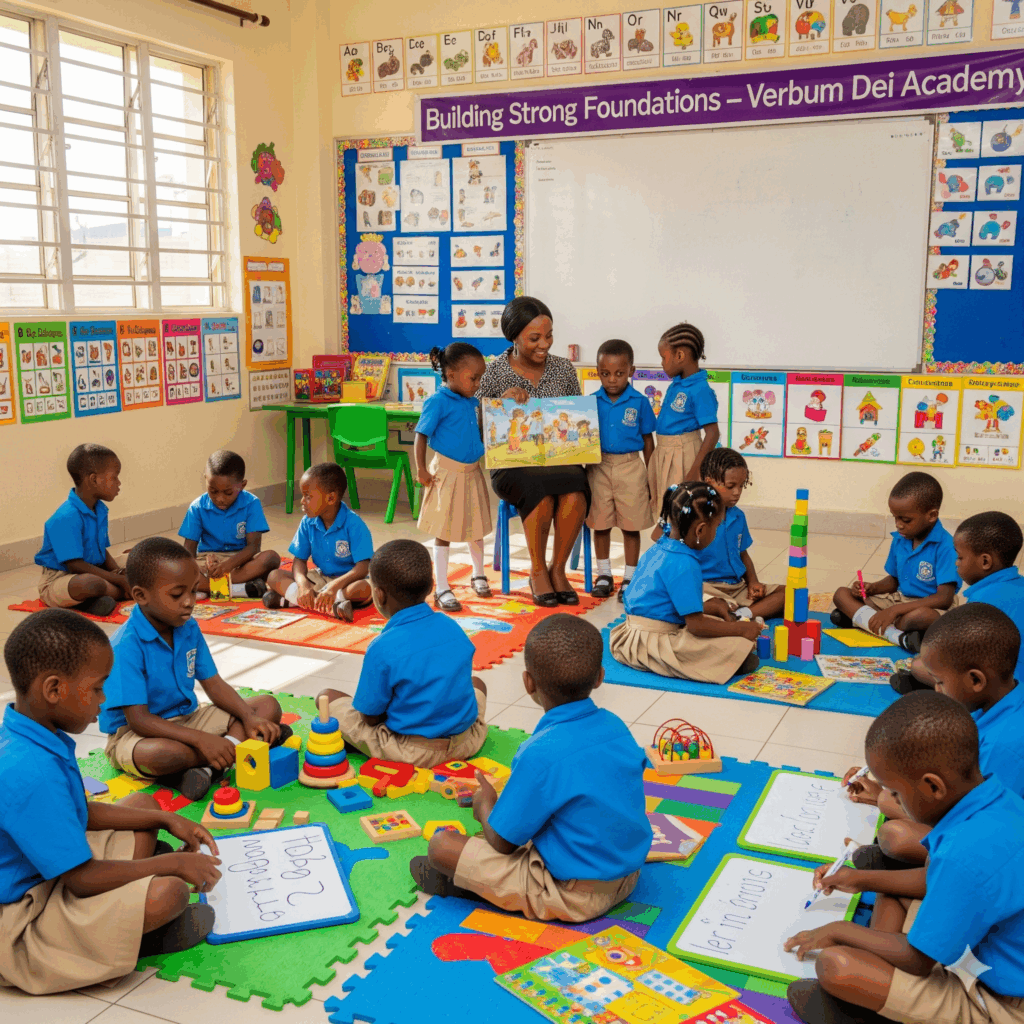a professional, realistic photo-style image of Nigerian nursery and primary pupils at Verbum Dei Academy engaged in early childhood learning.