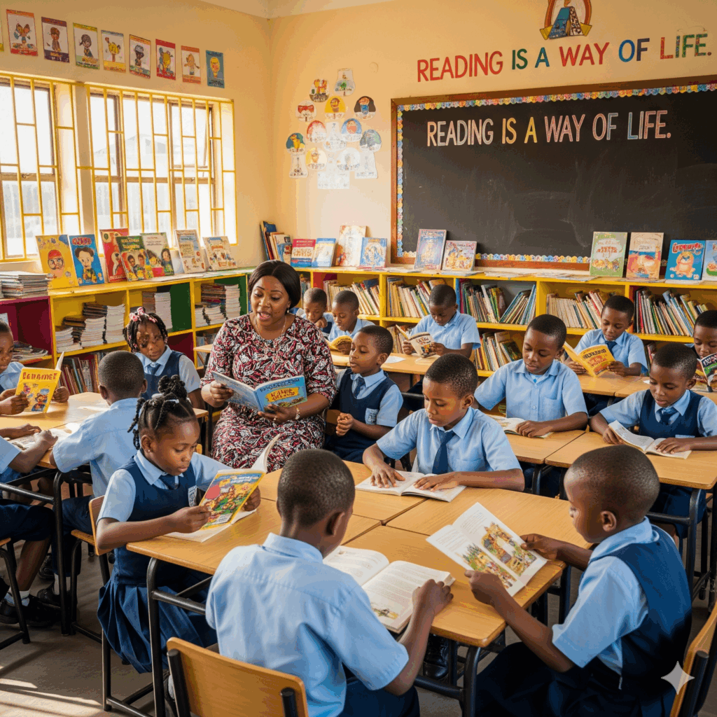Nigerian school children (ages 6–12) participating in a lively reading activity at Verbum Dei Academy, Owerri, Imo State.