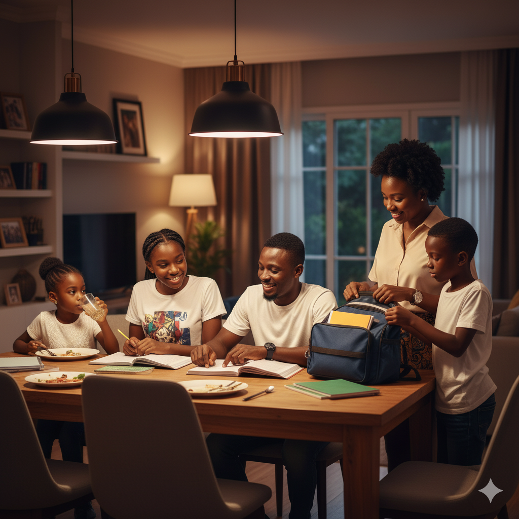 A photorealistic image of a Nigerian family in Owerri sharing a supportive evening routine with meals, homework, and preparation for school, highlighting the importance of family structure for academic success.