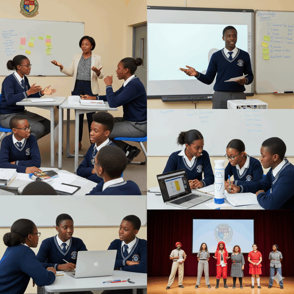 Students of Verbum Dei International College in Owerri, Imo State, Nigeria, practicing communication skills through debates, group discussions, presentations, and drama performances in a supportive learning environment.