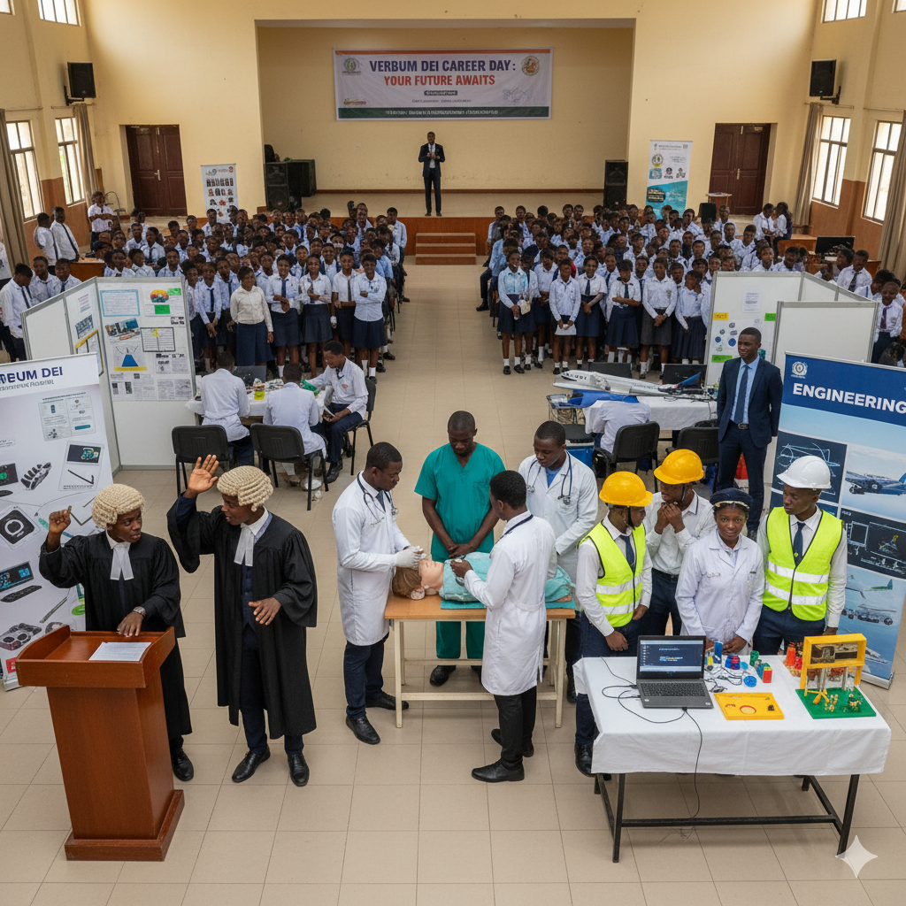 Photorealistic image of Verbum Dei International College students dressed as doctors, lawyers, engineers, and pilots during Career Day, interacting with guest speakers and participating in role-play activities.