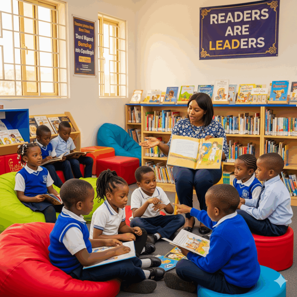 Diverse children and teacher enjoying story time in a vibrant Nigerian school library.