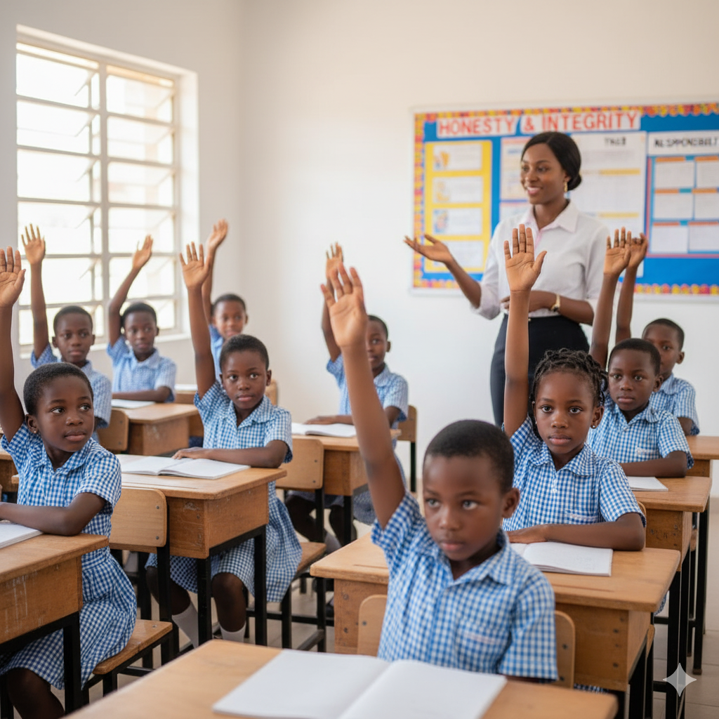 Students at Verbum Dei Academy demonstrating integrity by participating honestly in class, symbolizing trust, responsibility, and moral values in education.