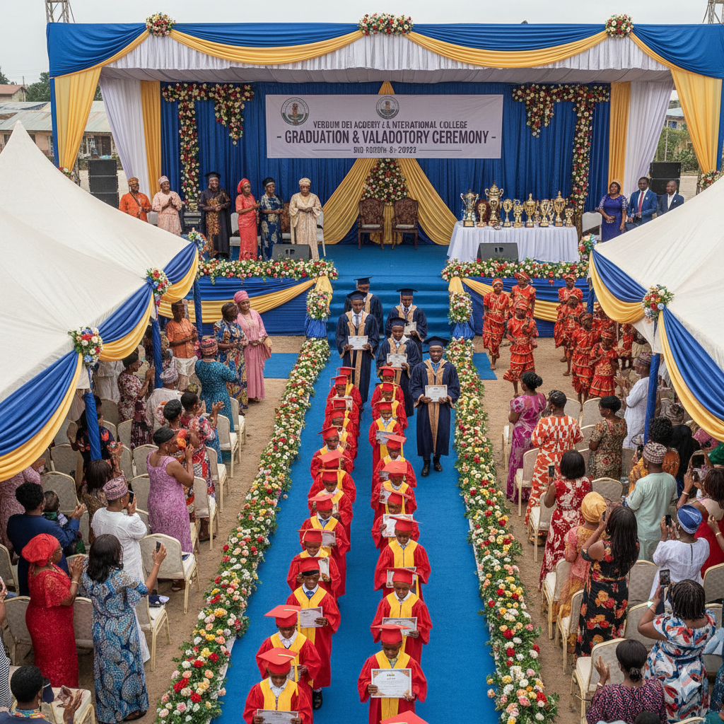 Graduates of Verbum Dei Academy and Verbum Dei International College in gowns and caps receiving certificates during a joyful and elegant graduation ceremony.