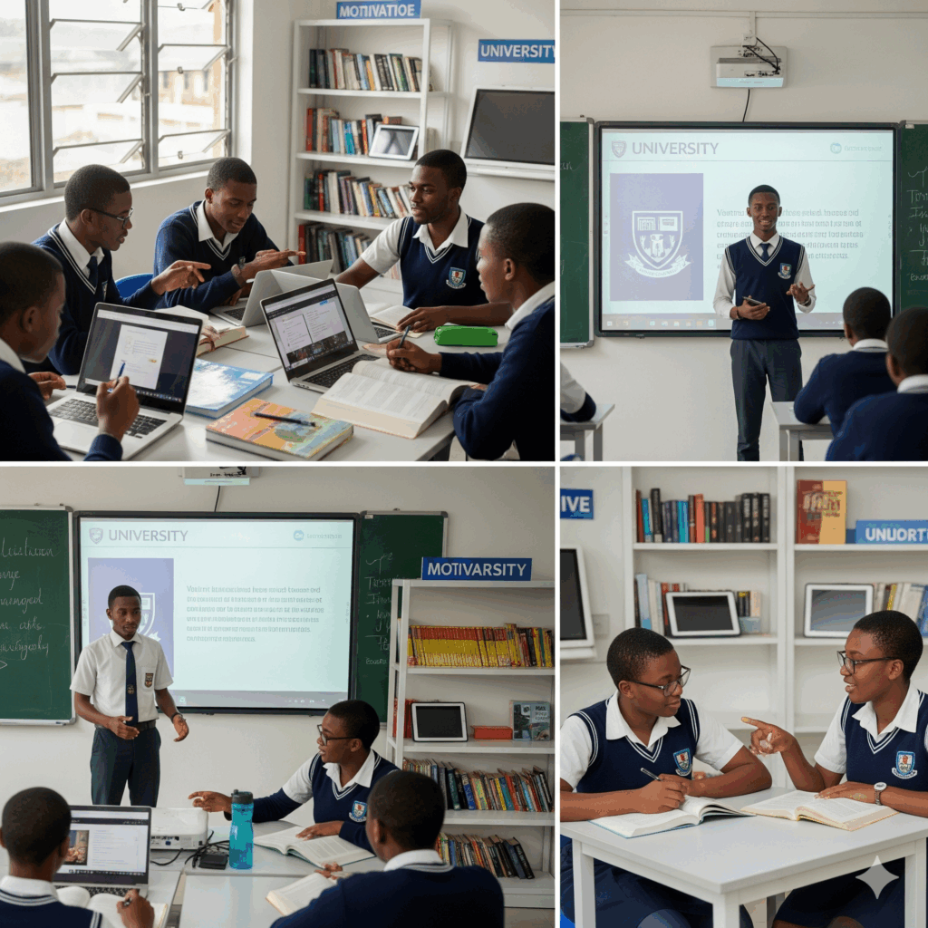 Senior students at Verbum Dei International College, Owerri, Nigeria, preparing for university through study, presentations, and leadership activities in a modern classroom.