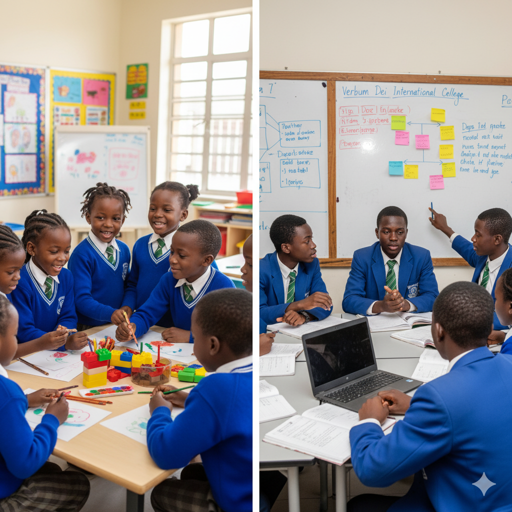 A side-by-side image of Nigerian students from Verbum Dei Schools. Primary students collaborate on an art project on the left, while secondary students discuss a project with laptops and a whiteboard on the right, showcasing teamwork and modern learning.