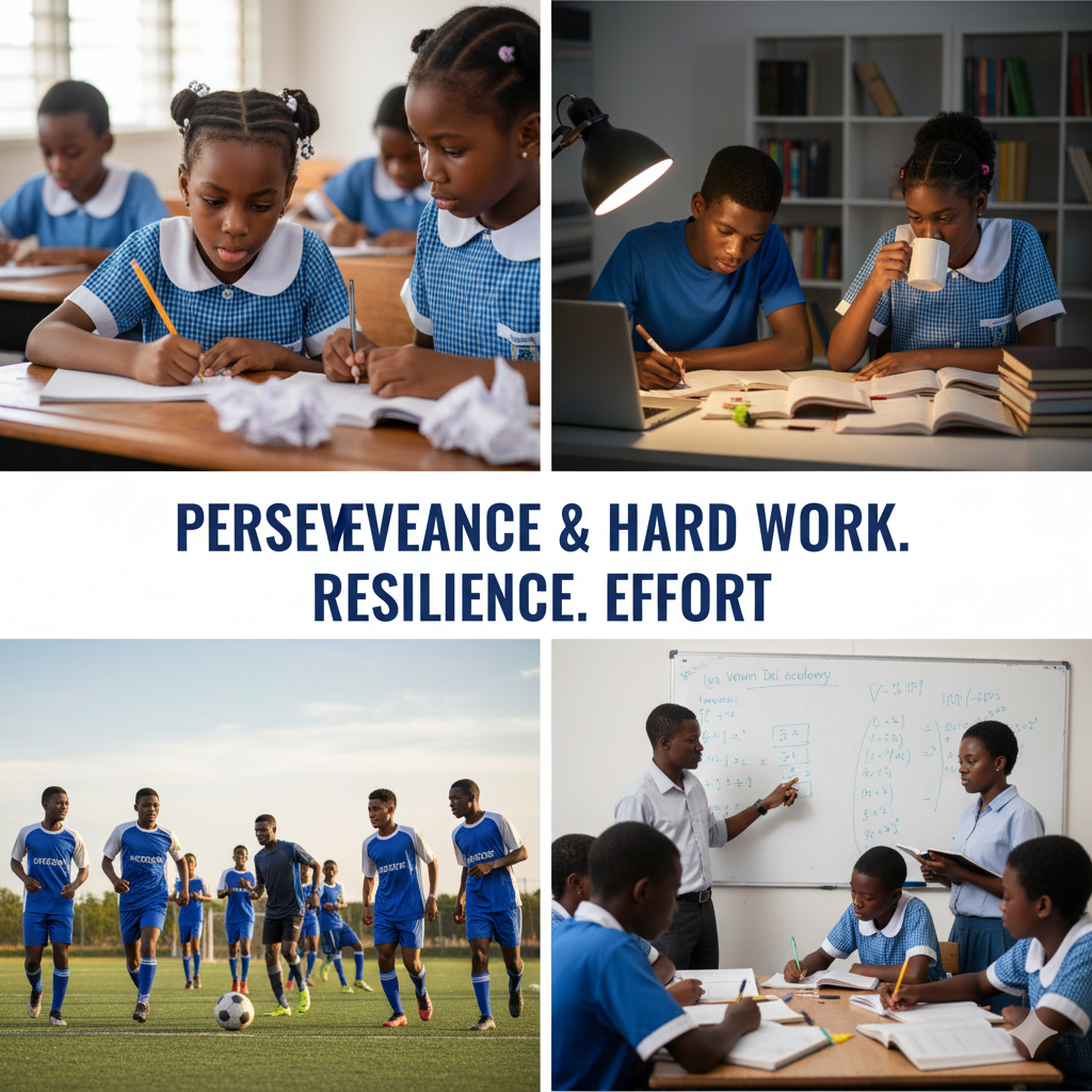 Nigerian students at Verbum Dei schools showing perseverance and hard work through focused studying, retrying tasks, sports practice, and consistent effort in academics and activities.