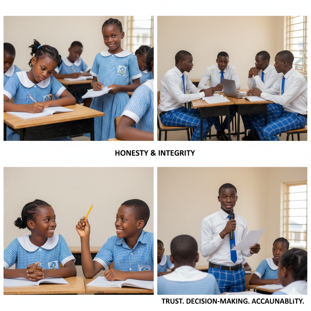Nigerian students at Verbum Dei schools practicing responsibility through assignments and duties, and showing integrity through honesty, decision-making, and respectful interactions.